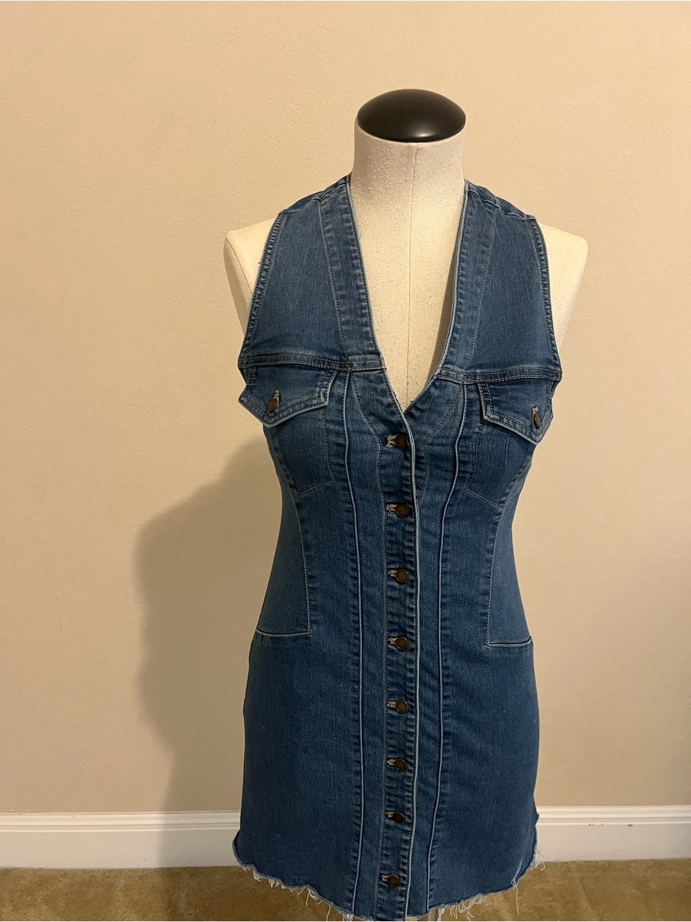 Free People Deep Blue Denim Button-Front Vest Dress